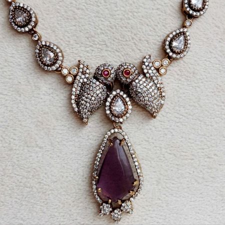 Handmade Brass Metal Jewellery Purple Peacock Necklace Set